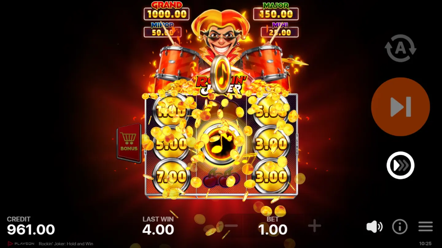 Rockin' Joker Hold and Win Bonus Game start – locked Bonus symbols on grid with 3 re-spins counter active
