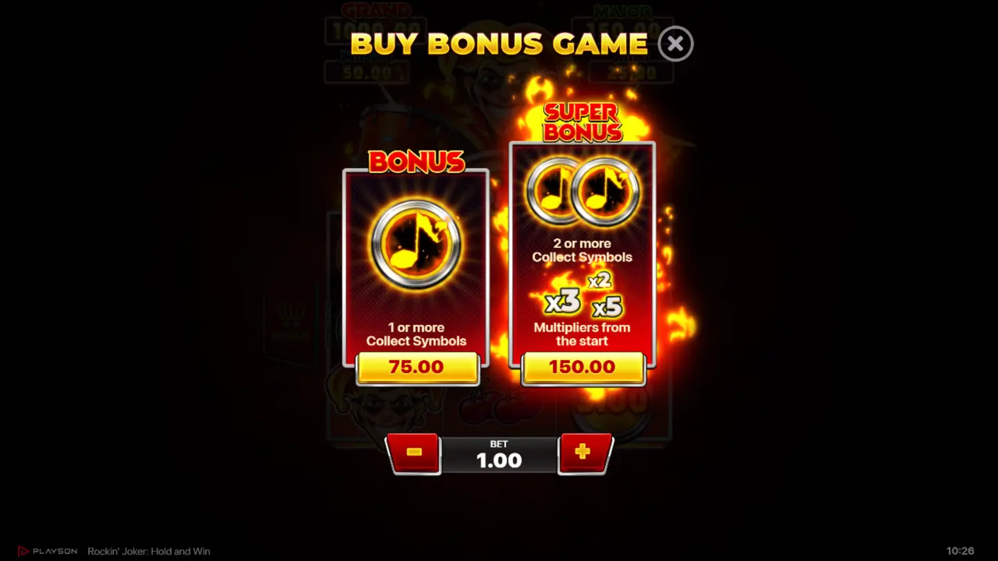 Buy Bonus screen in Rockin' Joker – Bonus Game at 75x and Super Bonus Game at 150x bet options