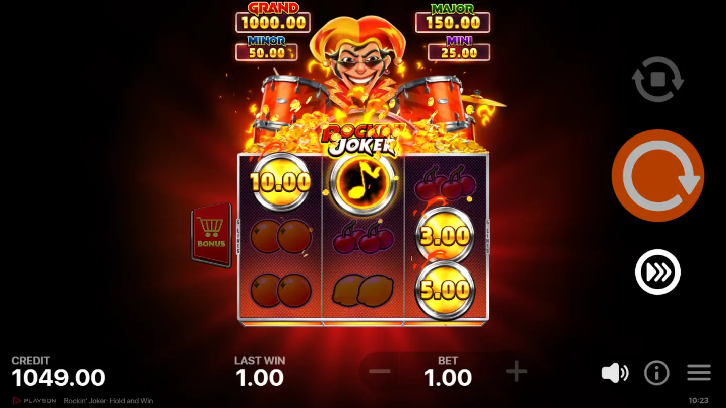 Collect Feature trigger in Rockin' Joker – Collect symbol on reel 2 with Bonus symbols on reels 1 and 3