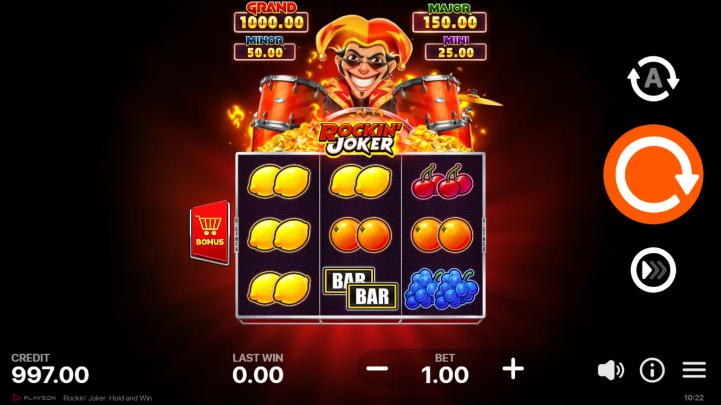 Rockin' Joker Hold and Win base game – 3×3 grid with fruit symbols and Joker Wild on all reels